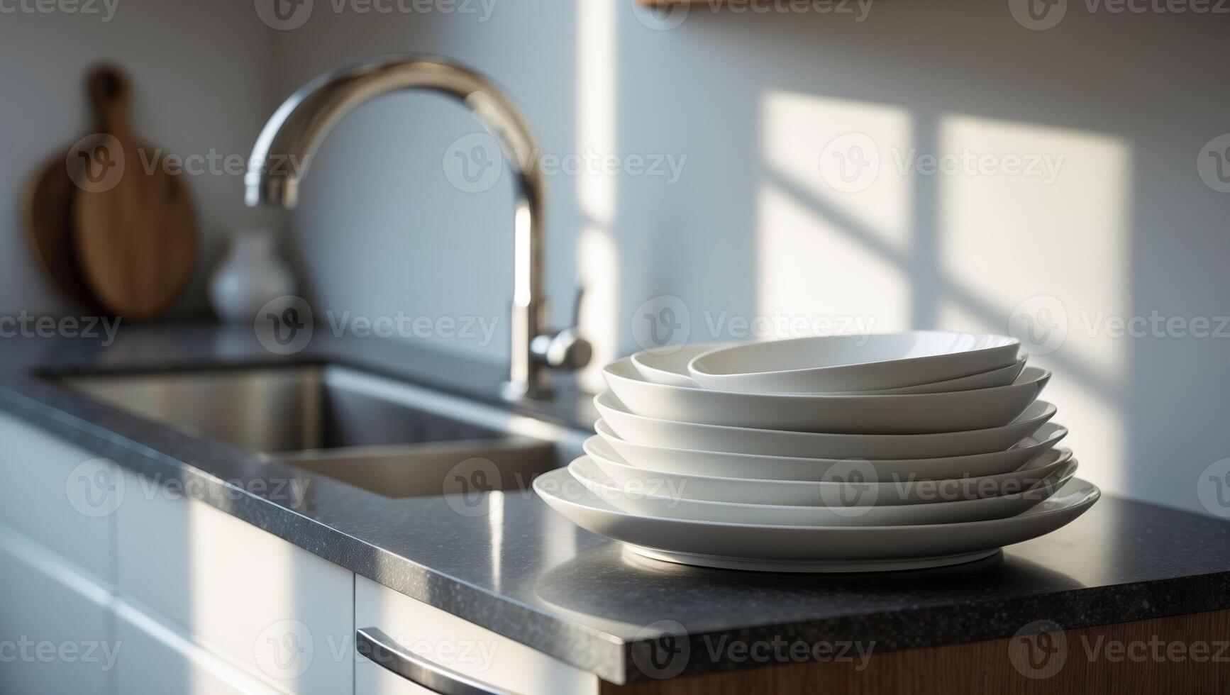 Stacked white plates on a modern kitchen countertop with sunlight streaming through a window in the afternoon photo
