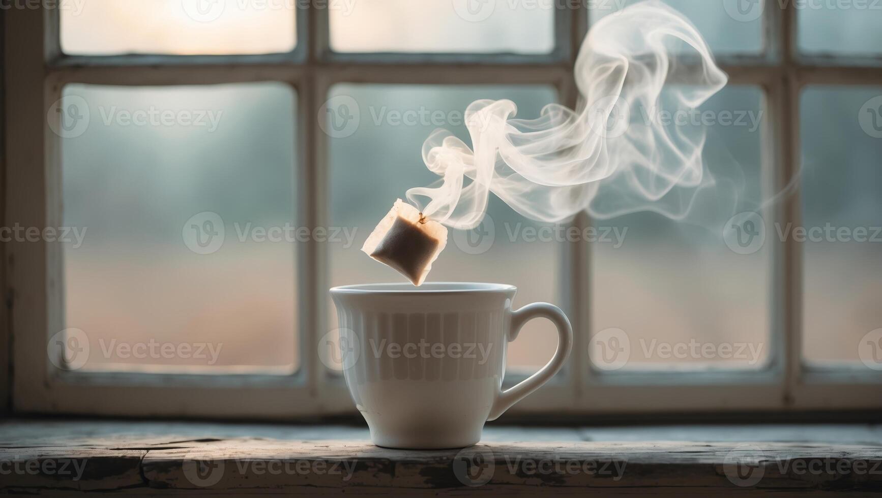 Steam rises from a cup of coffee as a sugar cube dissolves near a rustic window during morning light photo