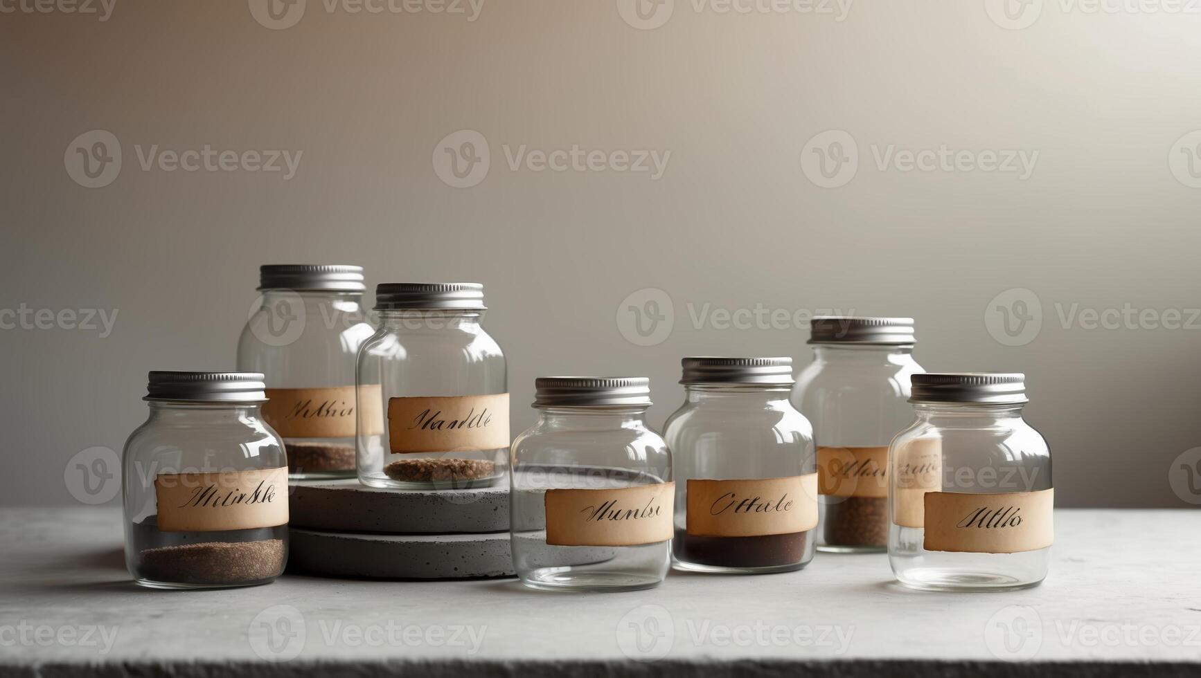 Collection of labeled glass jars filled with spices arranged on a stone surface in natural light photo