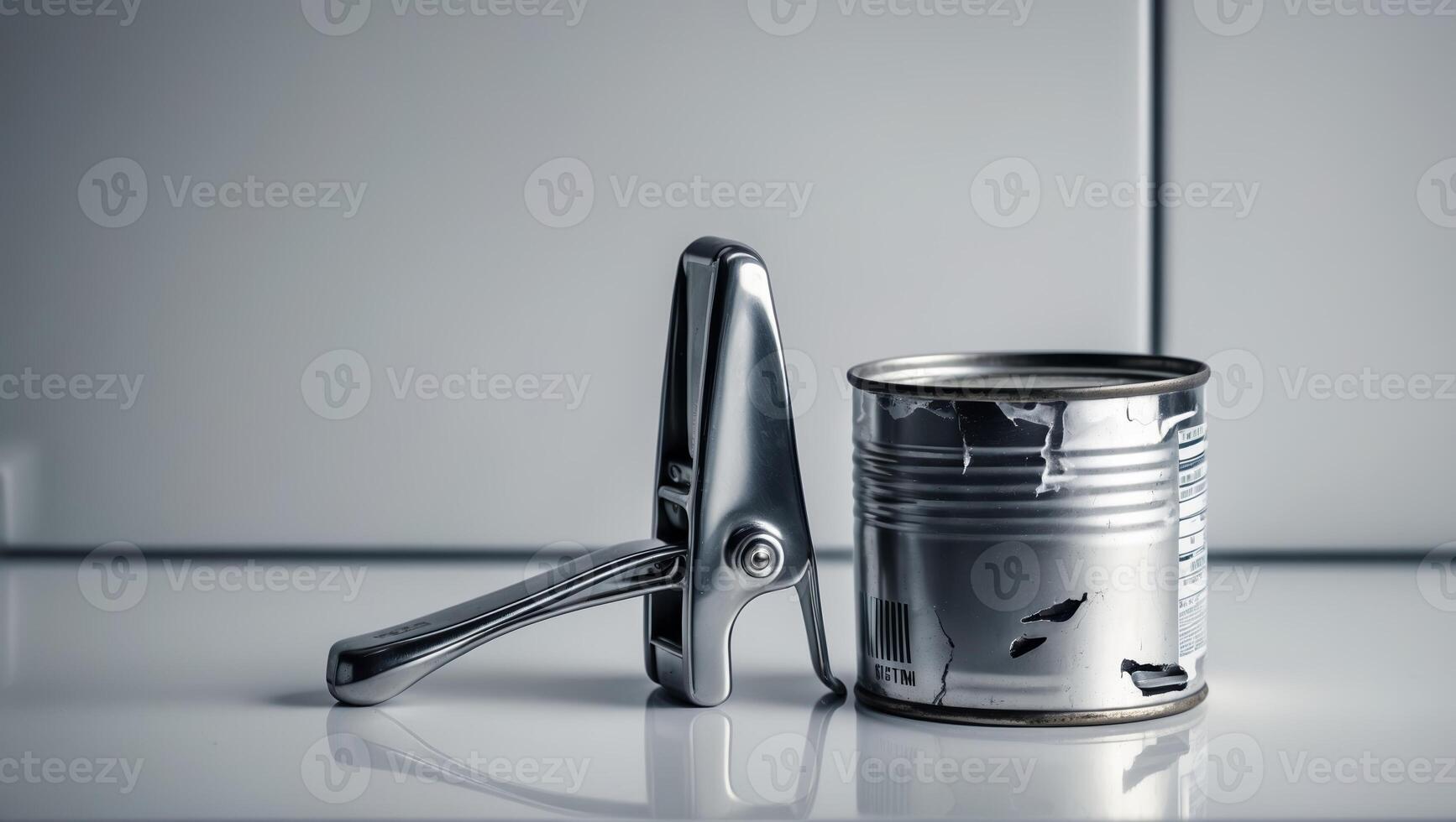 Can opener and opened can on a kitchen countertop under soft lighting photo
