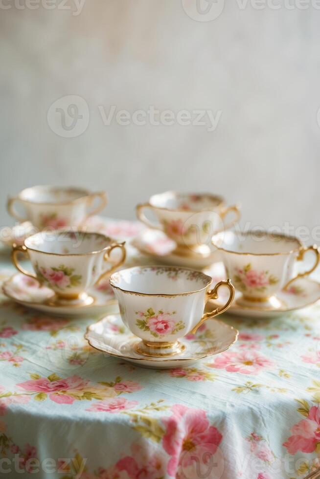 Elegant vintage tea set arranged on a floral tablecloth, showcasing fine craftsmanship and delicate rose patterns in a cozy setting photo