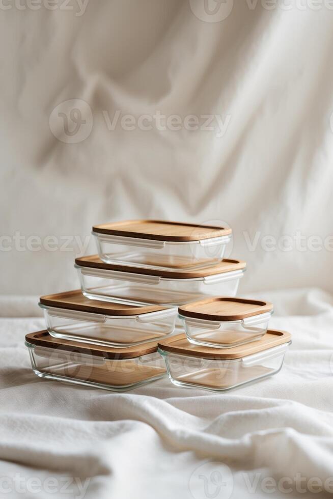 Stack of glass food containers with bamboo lids arranged on a soft surface in natural light photo
