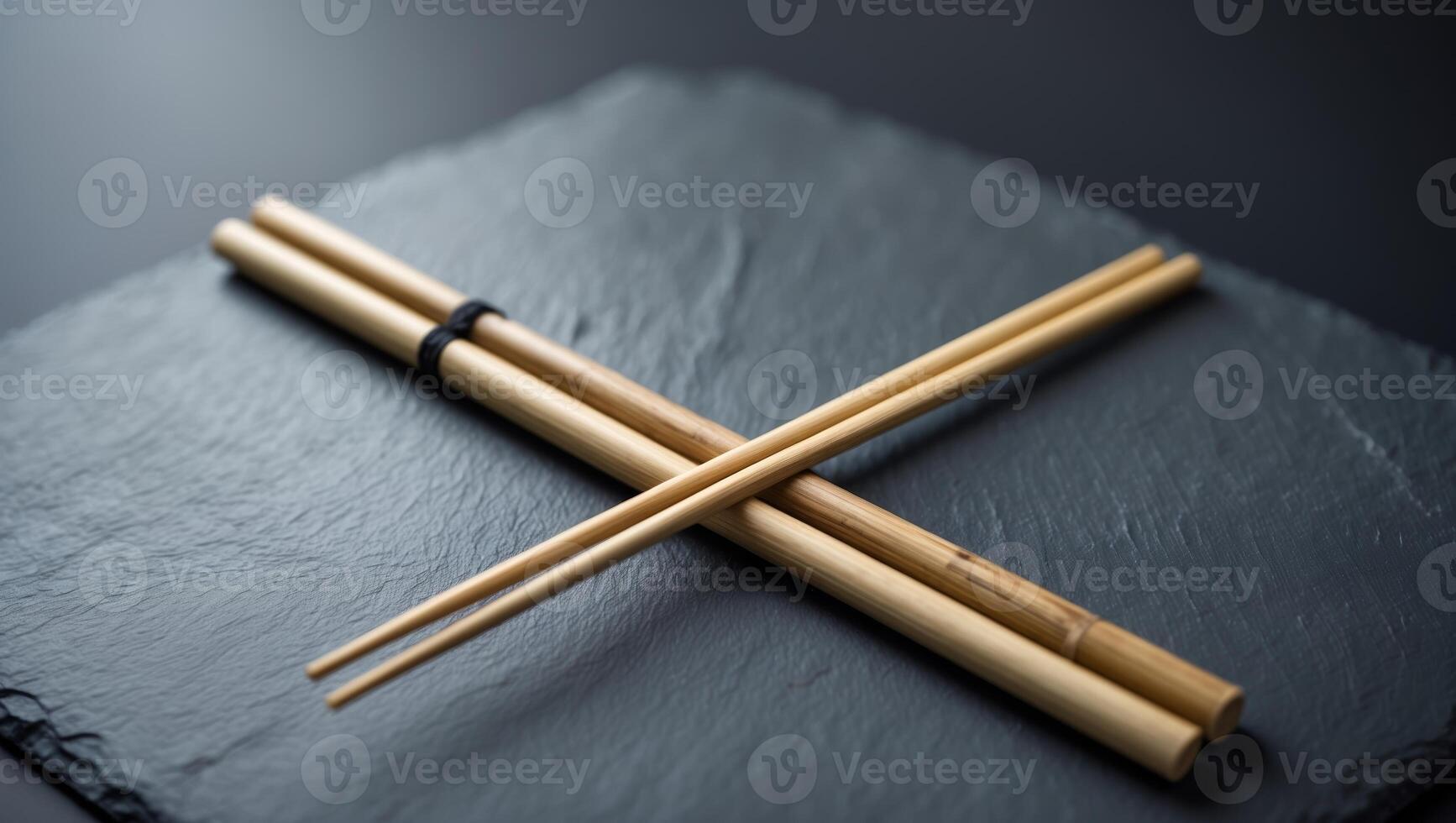 Elegant bamboo chopsticks placed on a dark slate surface for traditional dining experiences photo