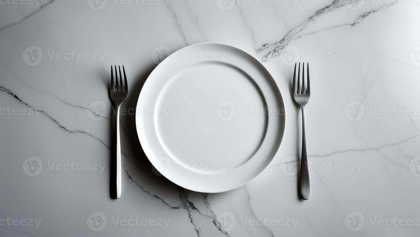 White plate and two forks on a white marble countertop, prepared for dining photo
