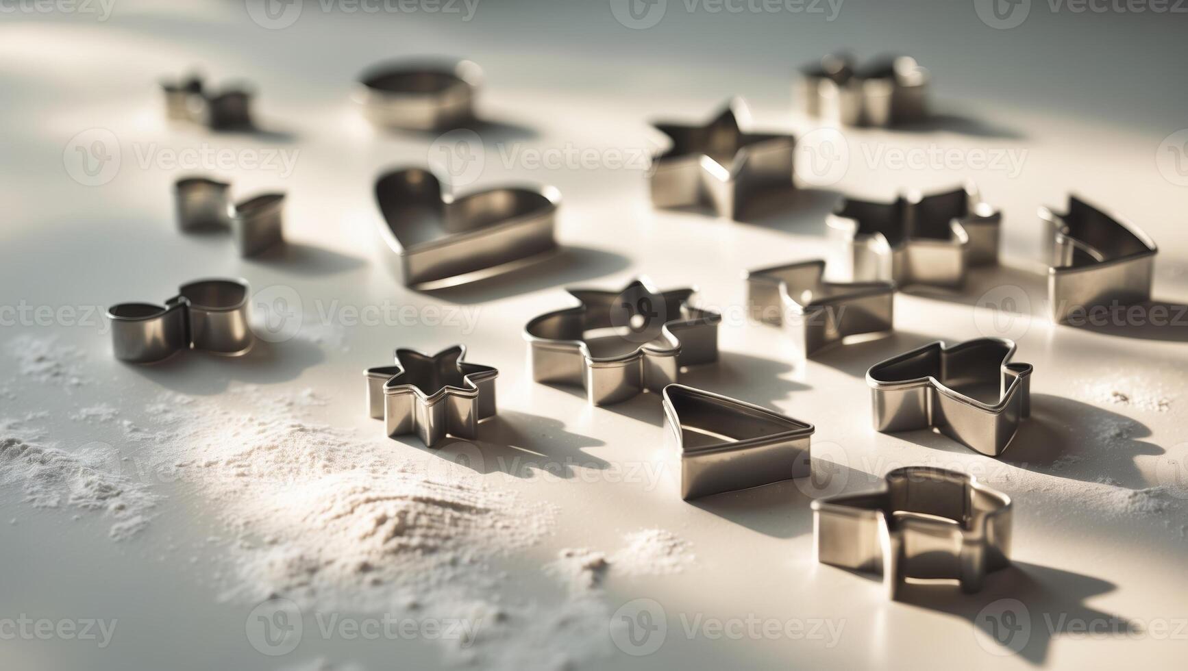 Metal cookie cutters arranged on a flour-dusted surface in warm afternoon light photo