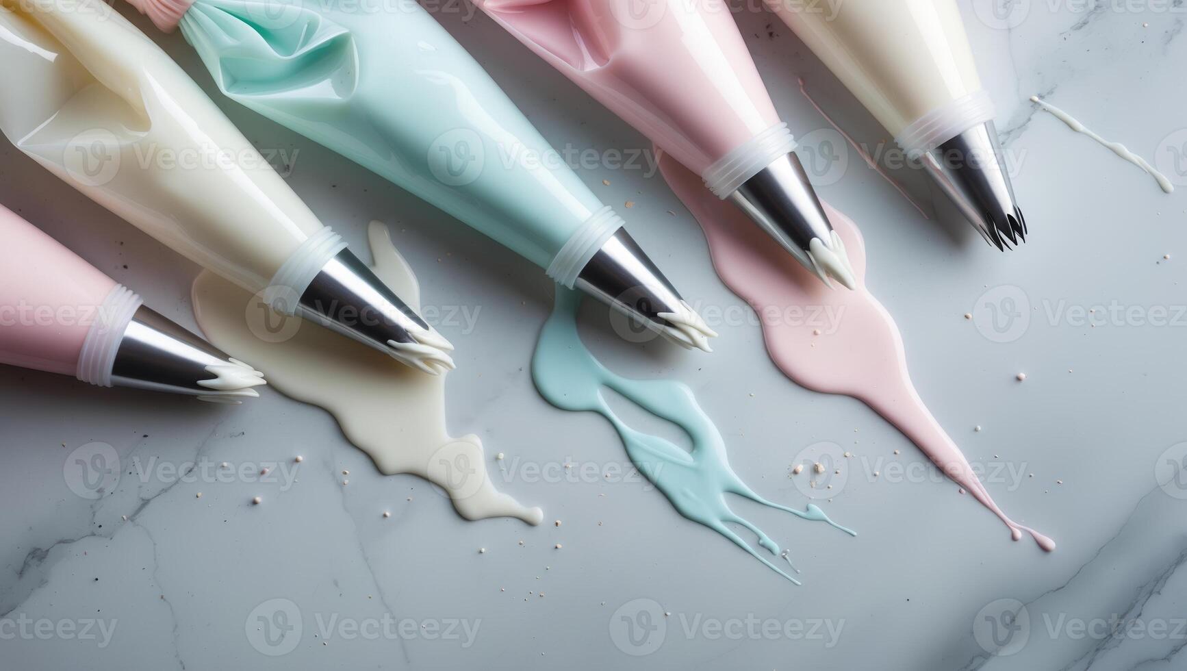 Decorative piping bags filled with pastel icing on a marble surface during a baking session at a home kitchen photo