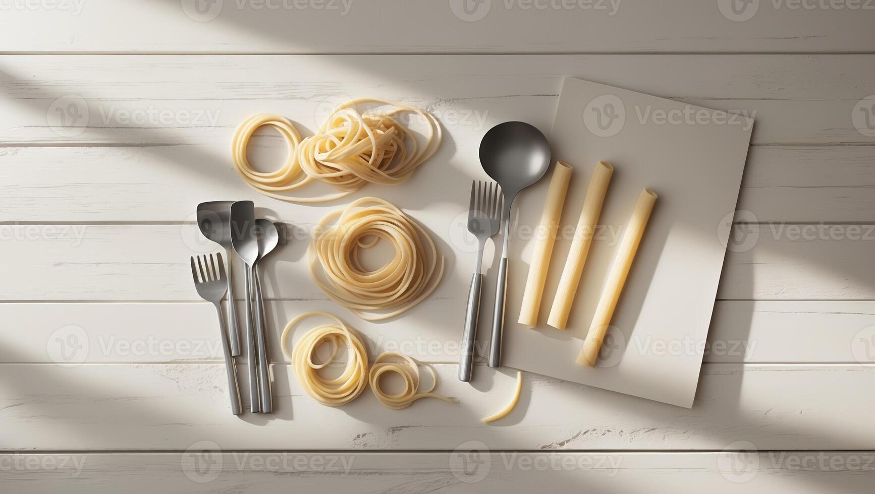 Arranged pasta with utensils on a wooden surface during daylight shows a culinary setup for a meal preparation photo