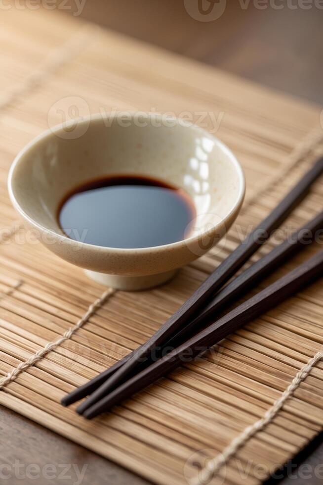 Soy sauce in a small bowl next to chopsticks placed on bamboo mat in a serene dining setting photo