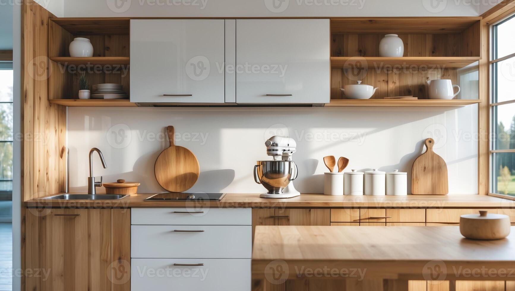 Modern kitchen with wood cabinets, white drawers, island, mixer, and window overlooking trees photo