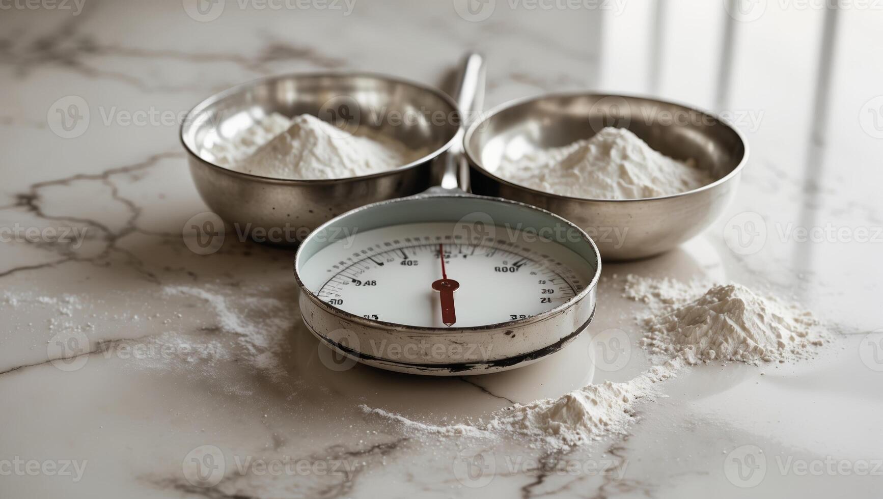 Measuring granular substances with a scale in a bright kitchen setting during daytime photo