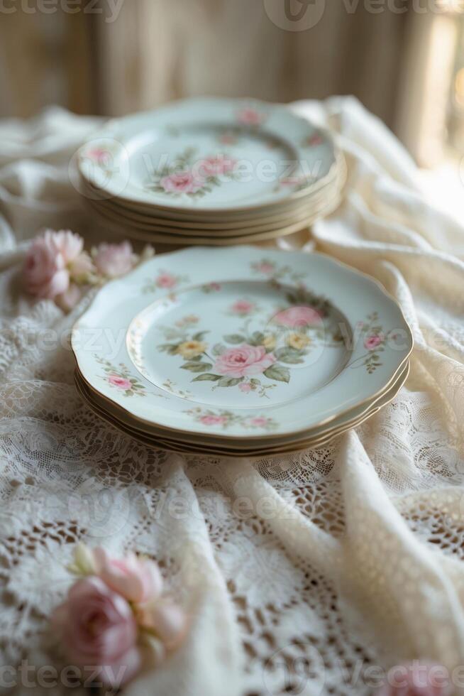 Stacks of vintage floral dinner plates are arranged on ivory lace cloth, with pink roses in a soft light photo