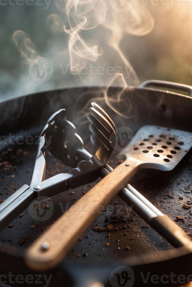 Cooking tools resting on a hot skillet while steam rises in the warm evening light photo