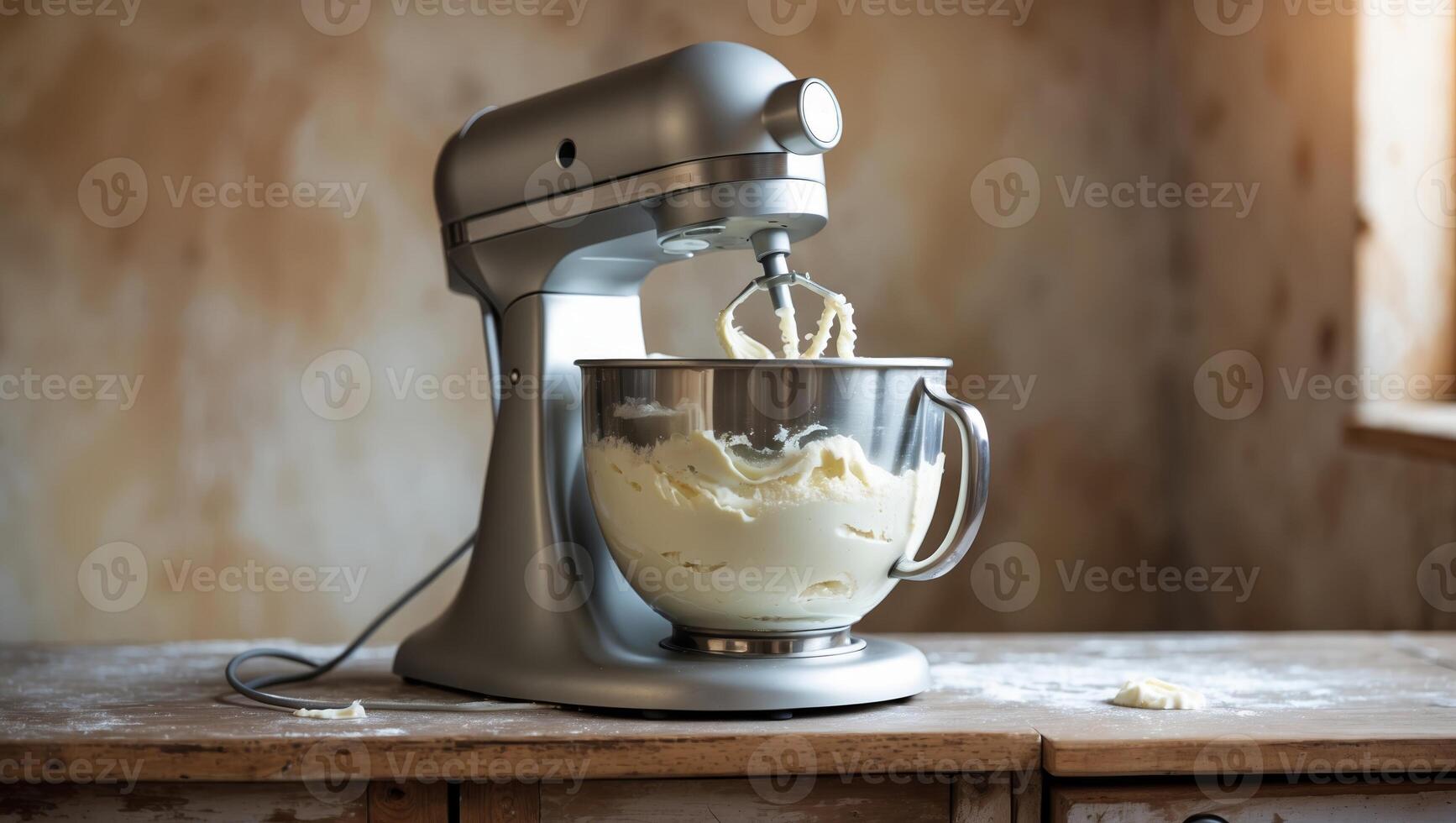 Mixing batter in a kitchen with natural light highlighting a silver mixer and a bowl on a wooden table photo