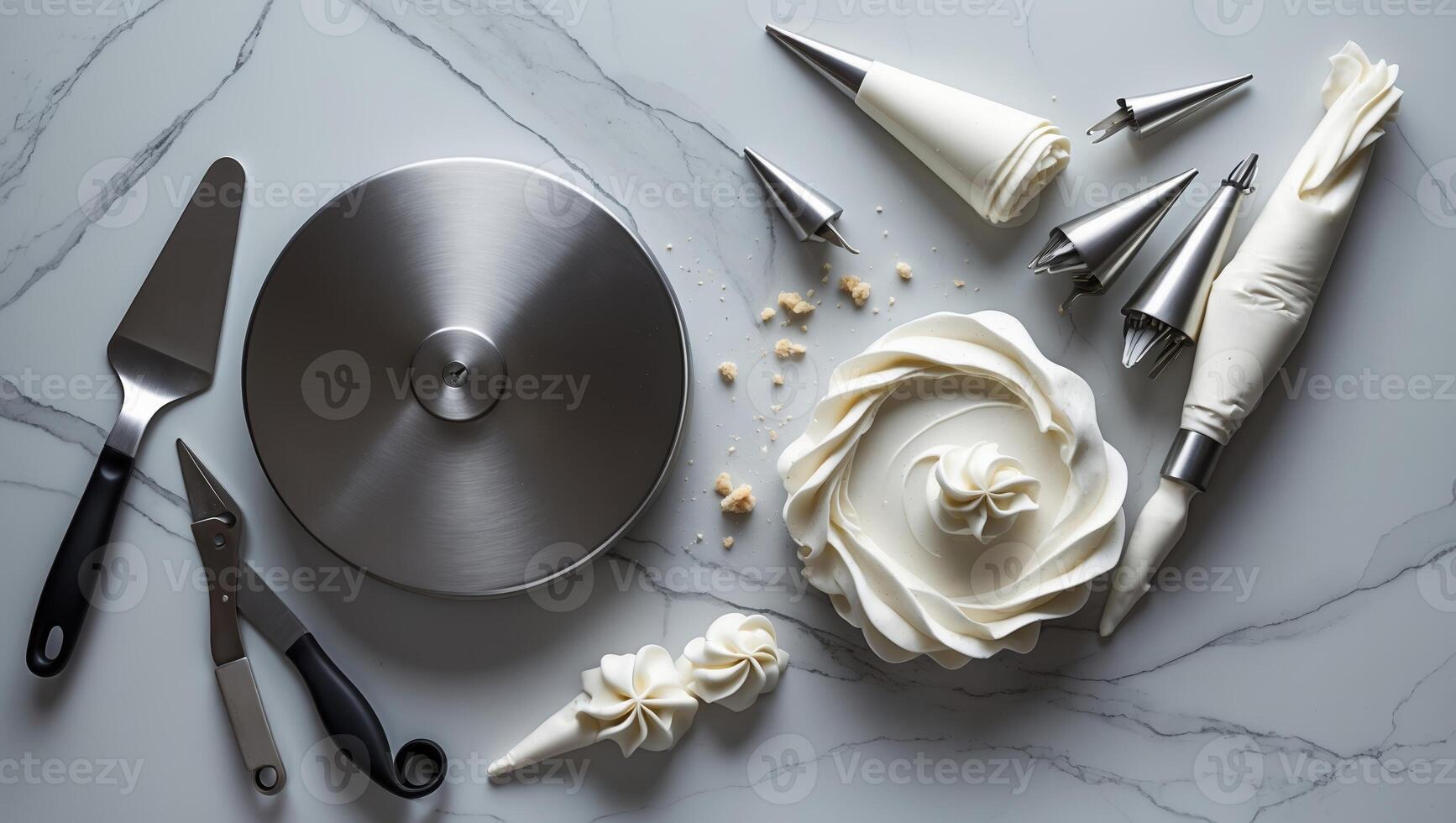 Creative pastry tools and cake decorations spread on a marble countertop during a baking session photo