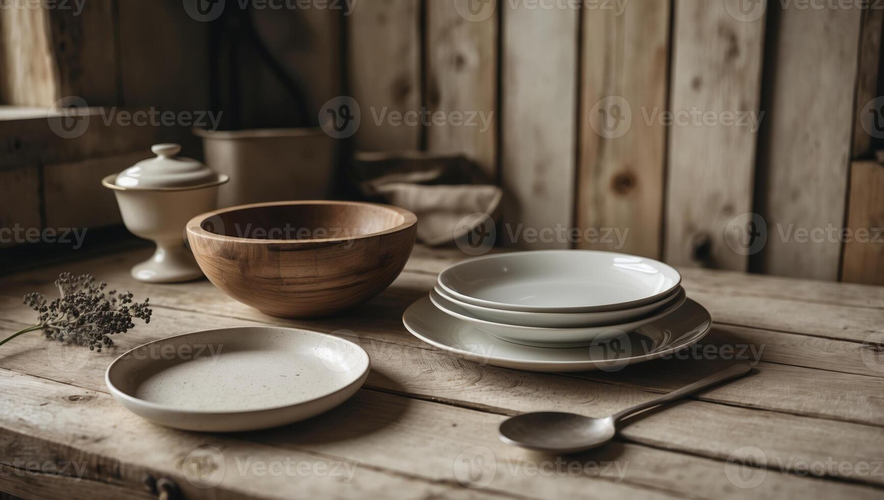 Natural wooden and ceramic tableware arranged on a rustic table in a cozy kitchen setting during daylight photo