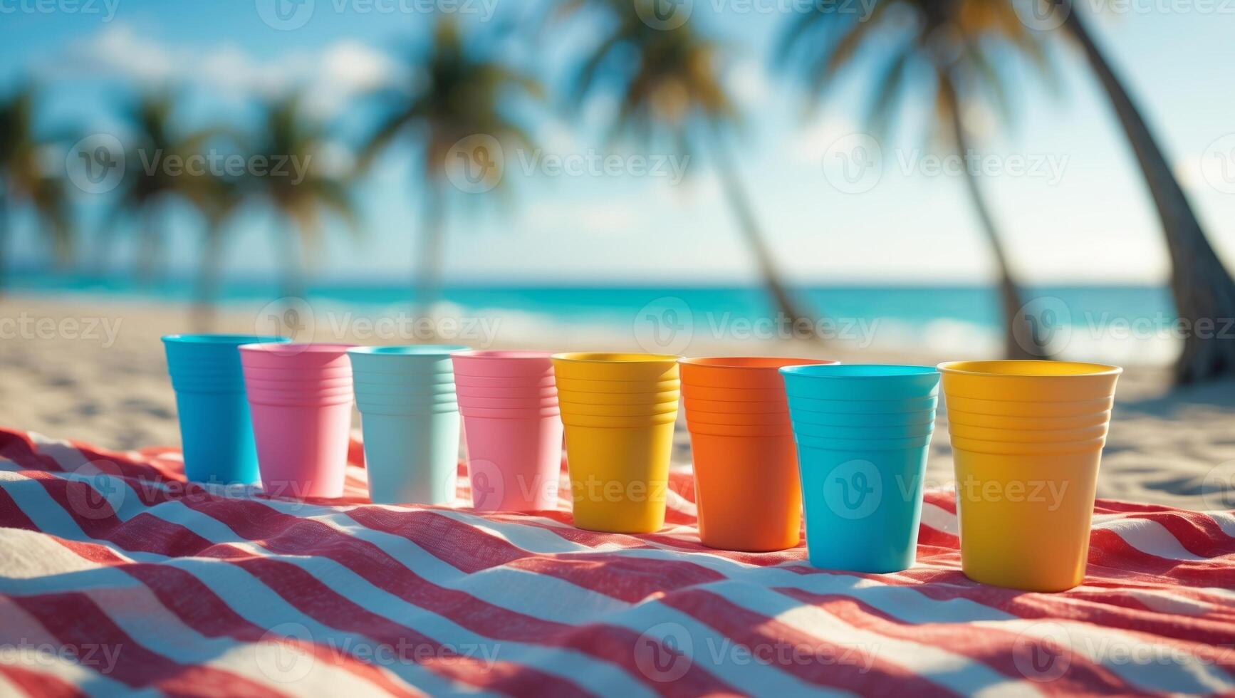 Colorful plastic cups lined up on a beach blanket under palm trees beside the ocean during a sunny day photo