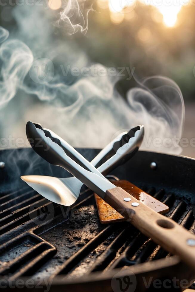 Grilling tools rest on a hot grill with smoke rising during a summer evening barbeque in the backyard photo