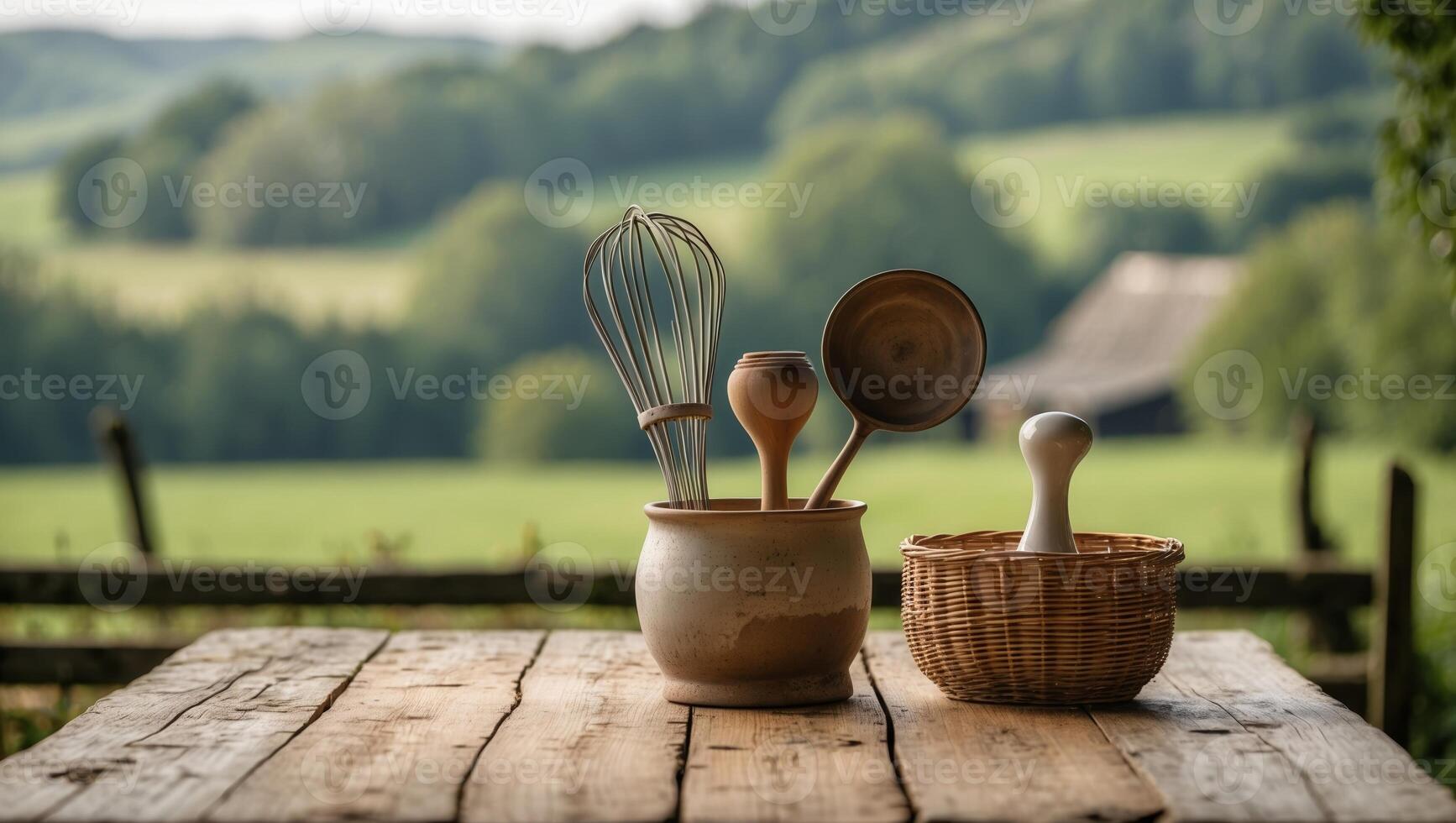 Rustic kitchen utensils displayed on a wooden table overlooking rural landscape photo