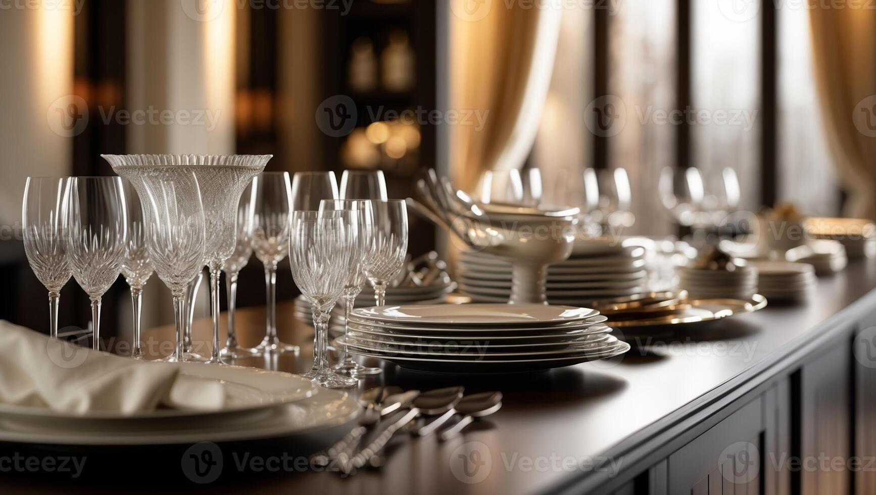 Elegant table setting features crystal glasses and fine china in a dining room photo