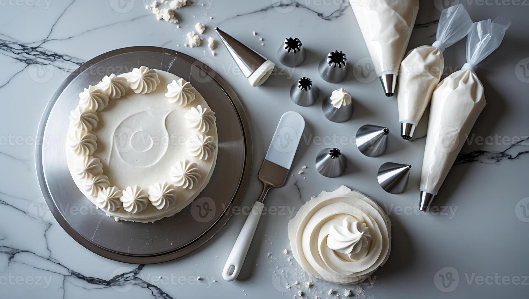 Celebrating cake decorating with piping tools, frosting, and an elegant vanilla cake on a marble countertop photo
