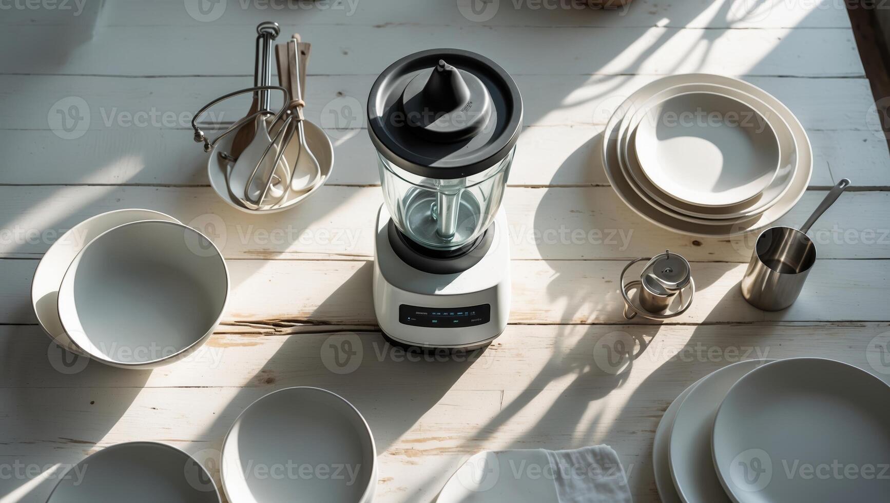 Kitchen countertop setup with blender and tableware ready for food preparation in natural light photo