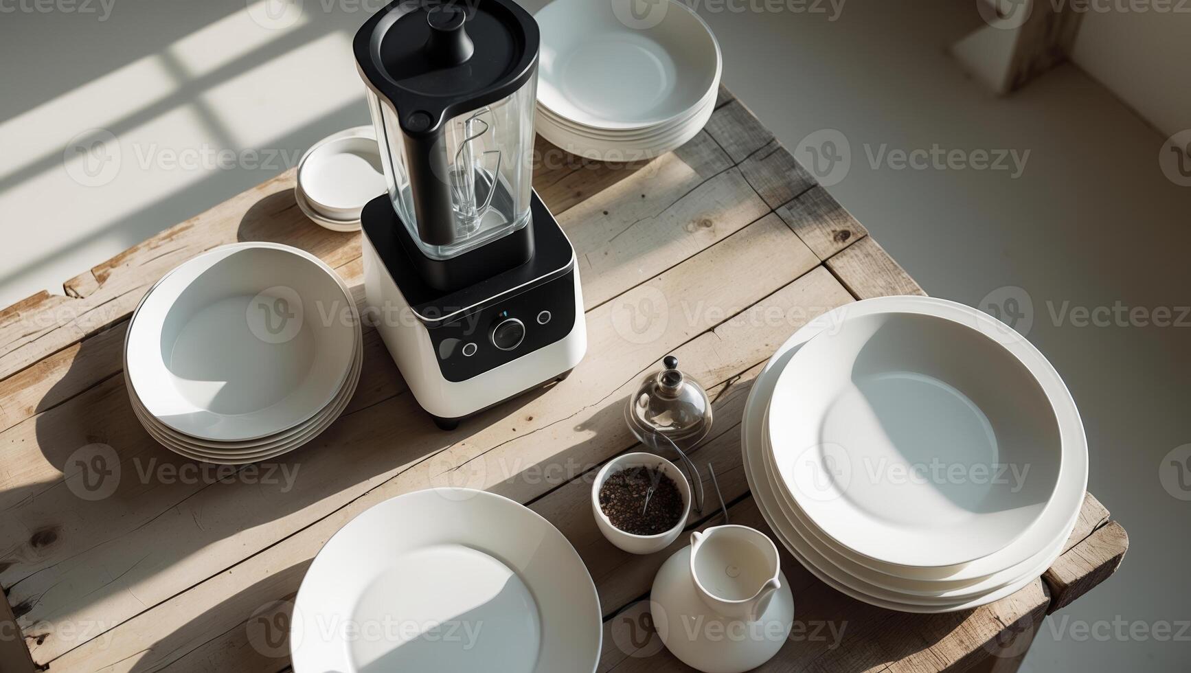 Modern kitchen setup featuring a blender and diningware on a wooden table in a bright, sunlit room photo