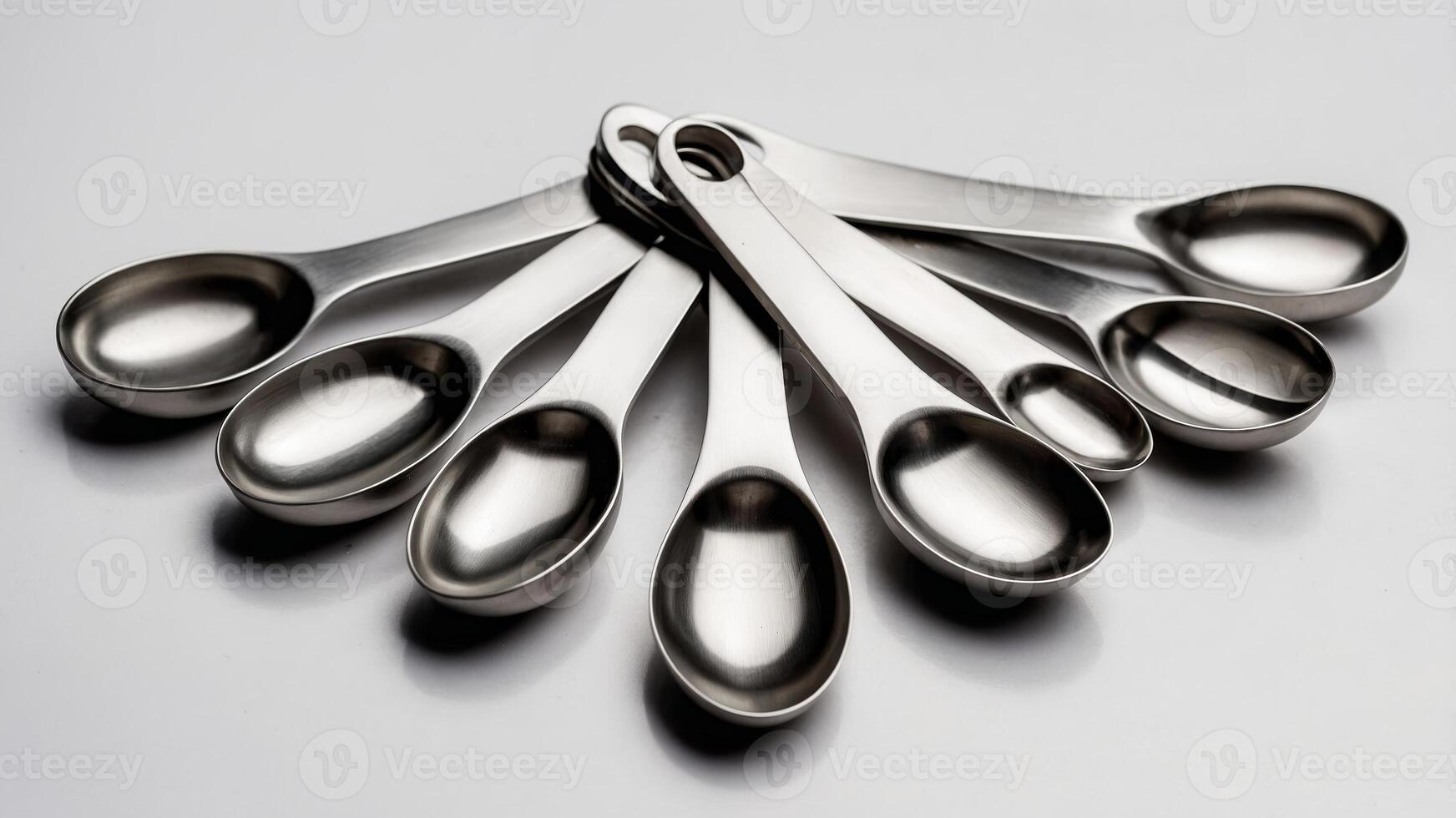 Stainless steel measuring spoons arranged creatively on a light background for kitchen use and culinary preparation photo