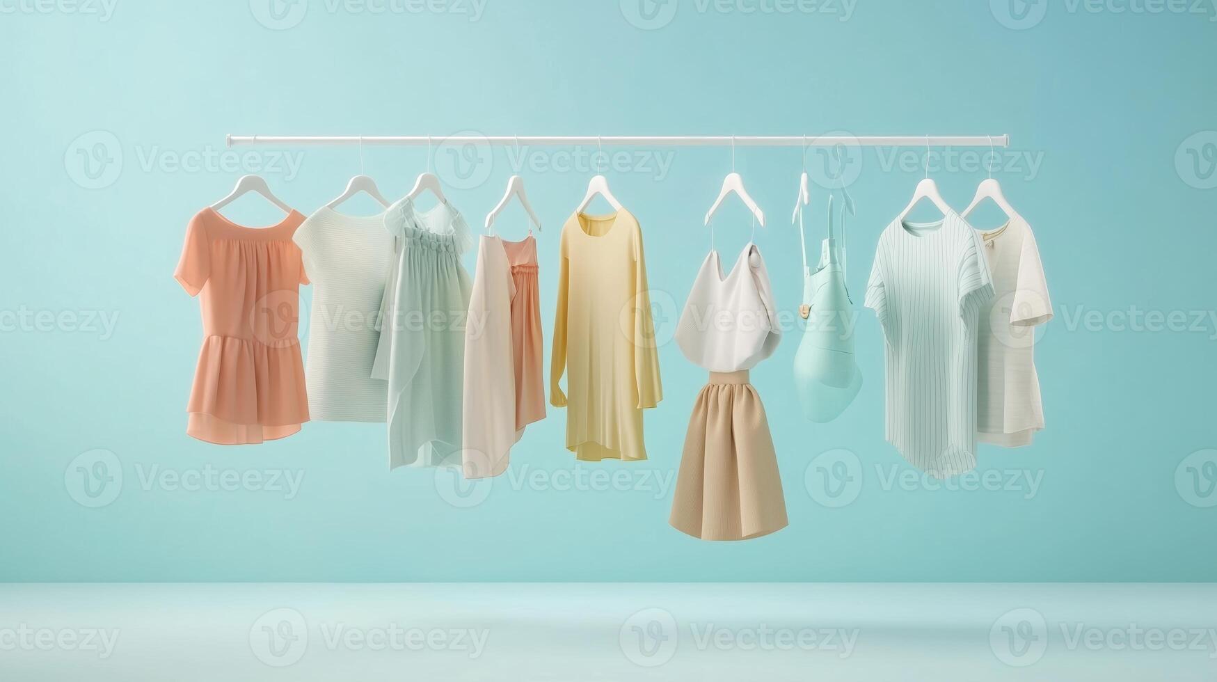 Colorful clothing display in a stylish boutique showcasing various shirts and skirts on hangers against a light blue backdrop photo