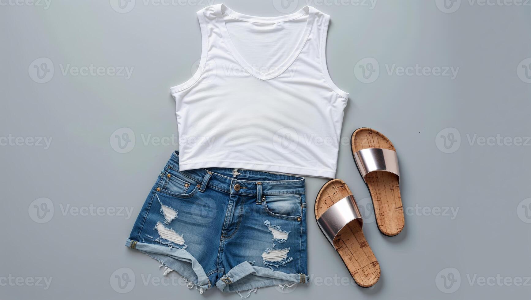 Casual summer outfit featuring a white tank top, denim shorts, and stylish sandals for warm weather photo