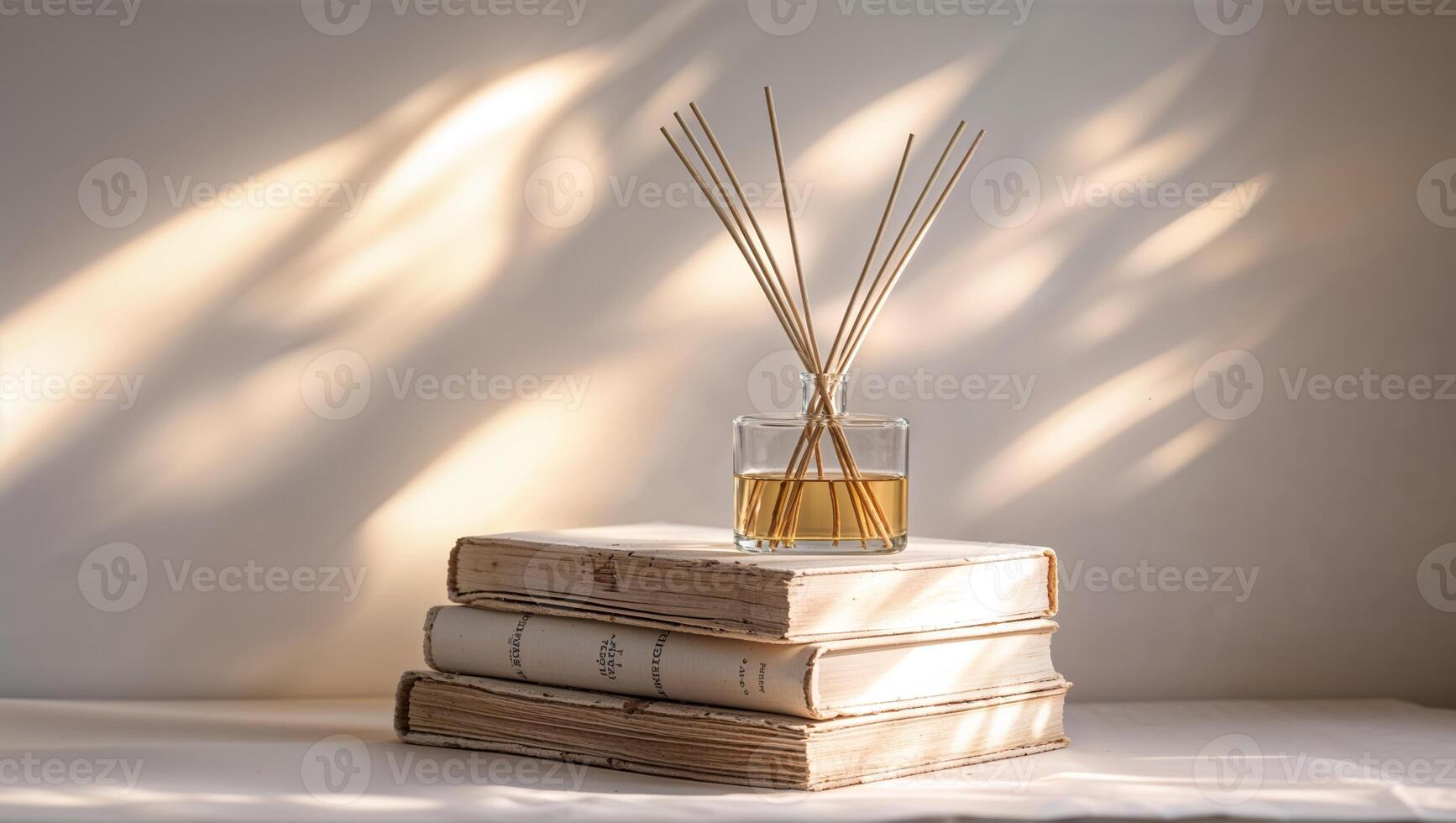 Diffuser with reeds placed on stacked vintage books in soft afternoon light creating a cozy atmosphere photo