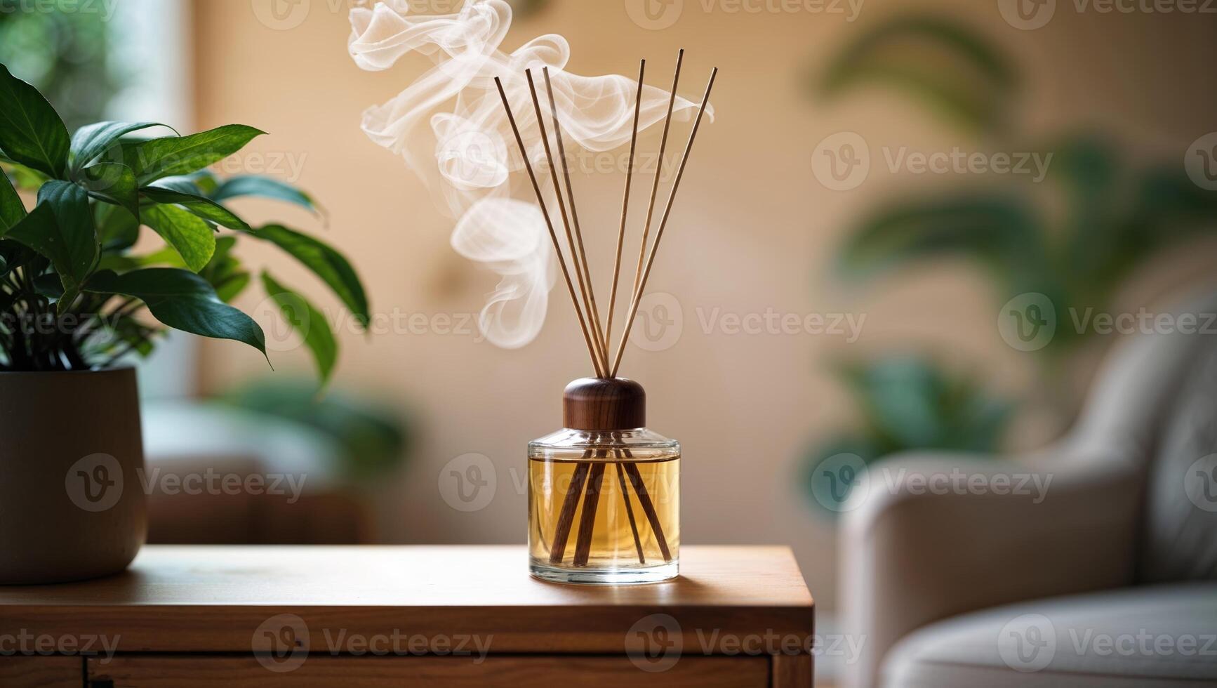Home fragrance diffuser releasing aromatic scent in a cozy living space with greenery photo