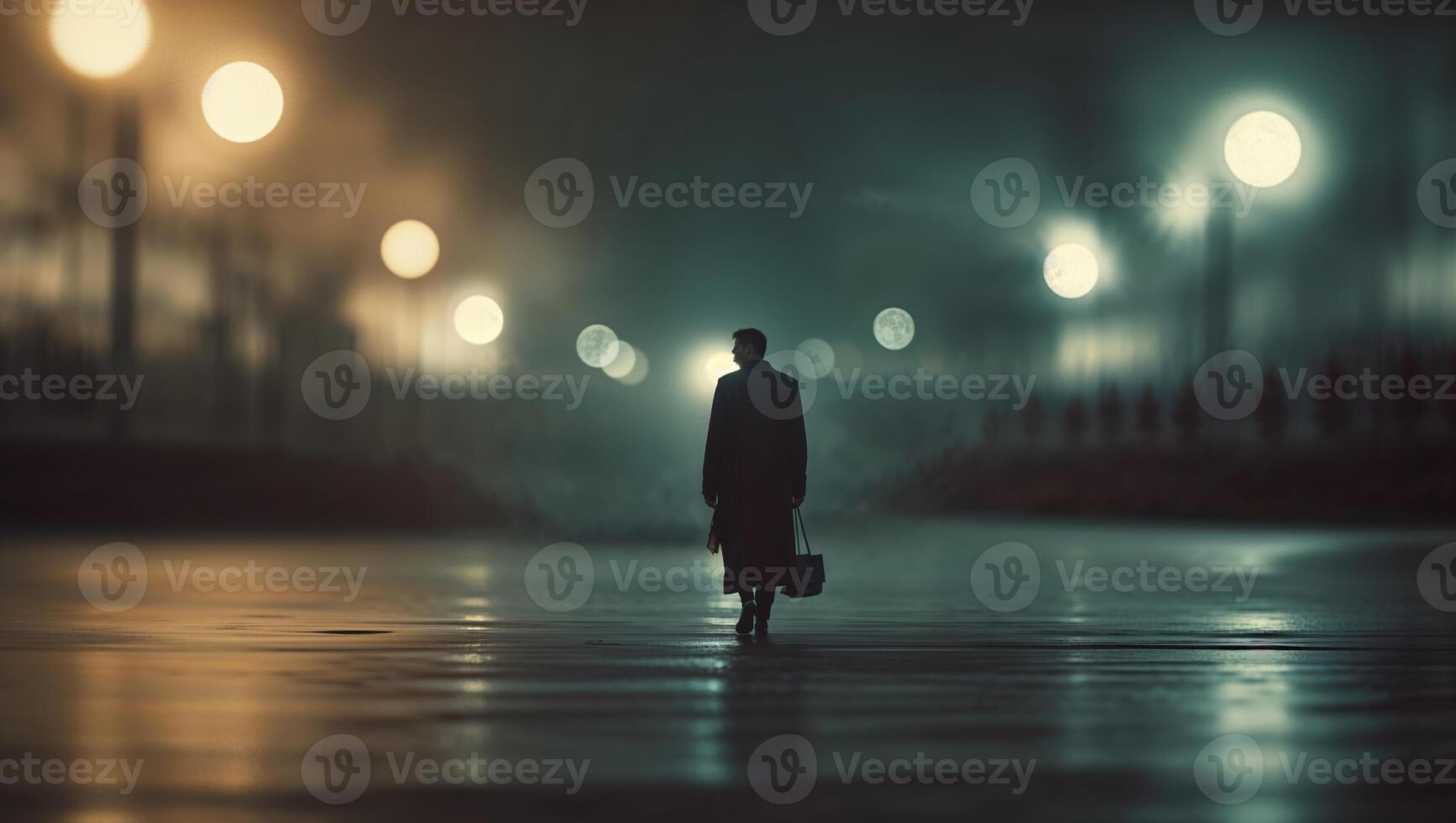Mysterious figure walks alone through a foggy urban street illuminated by soft glowing lights at night photo