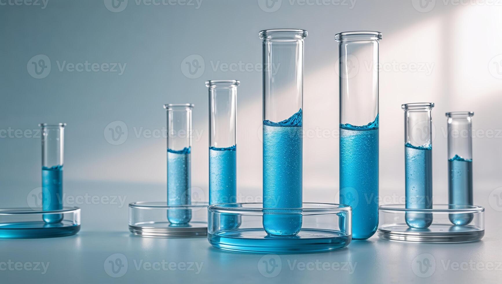Clear test tubes filled with blue liquid stand on a table in well-lit laboratory, showcasing chemical experimentation and observation photo