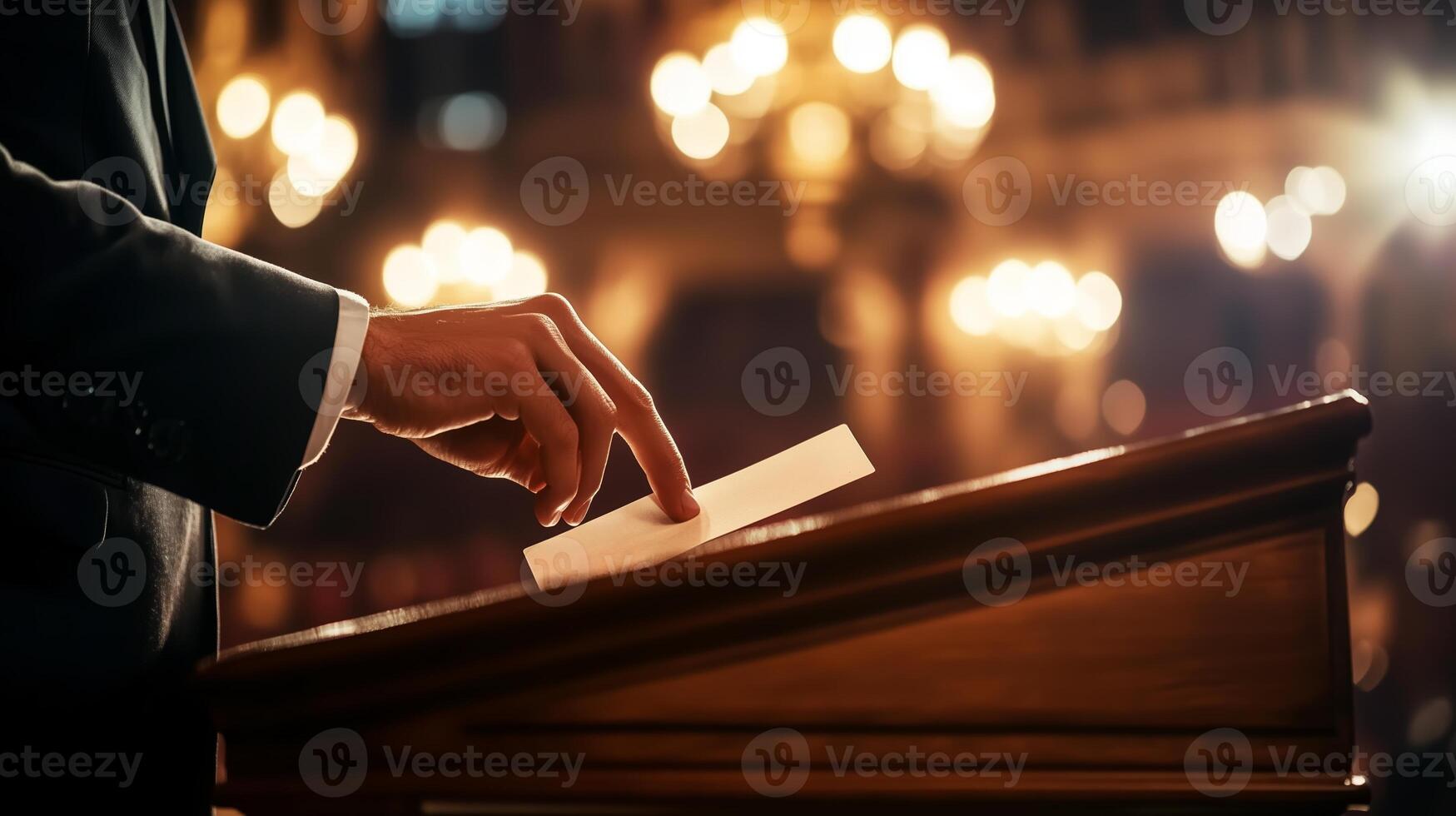 Individual casting a vote in an ornate indoor setting during a formal election event at night photo