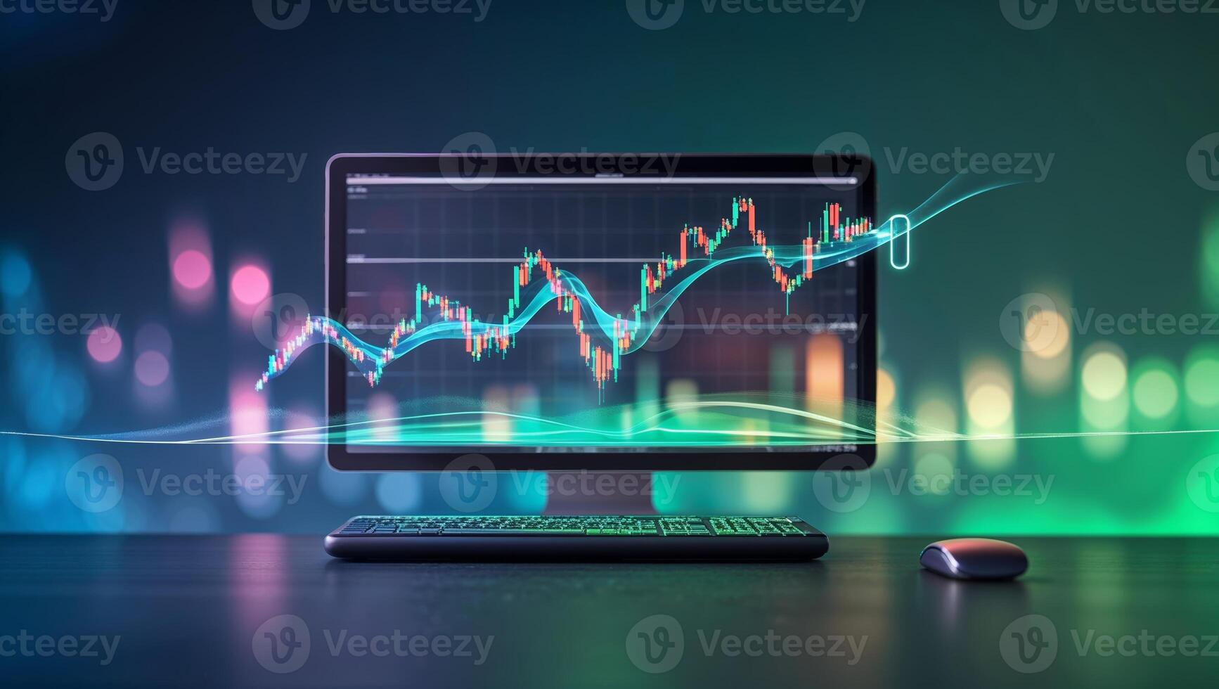 Display of stock market trends on a computer screen with vibrant lights in the background at night photo