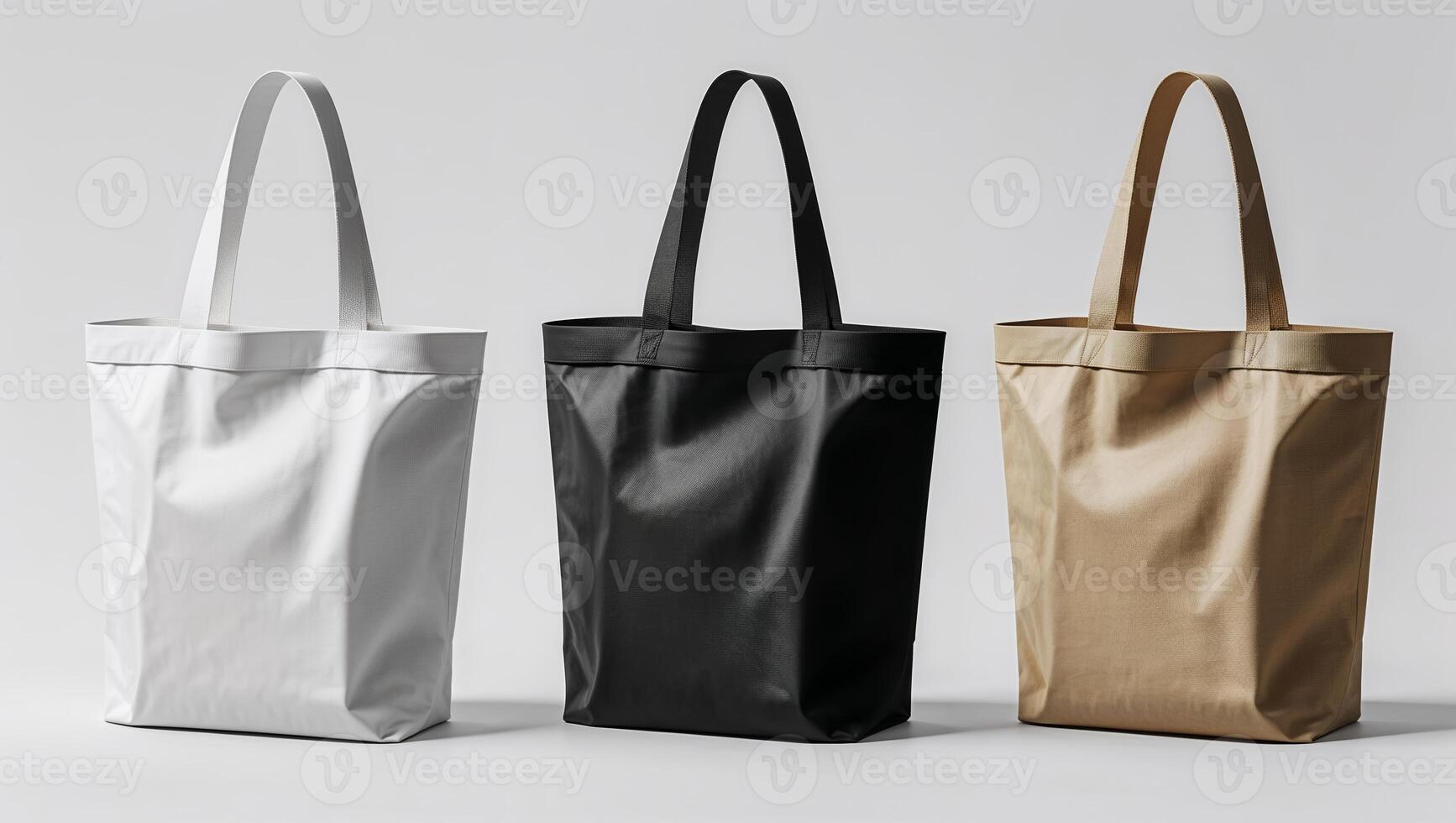 Stylish reusable tote bags showcasing minimalist design in three classic colors arranged on a simple backdrop photo