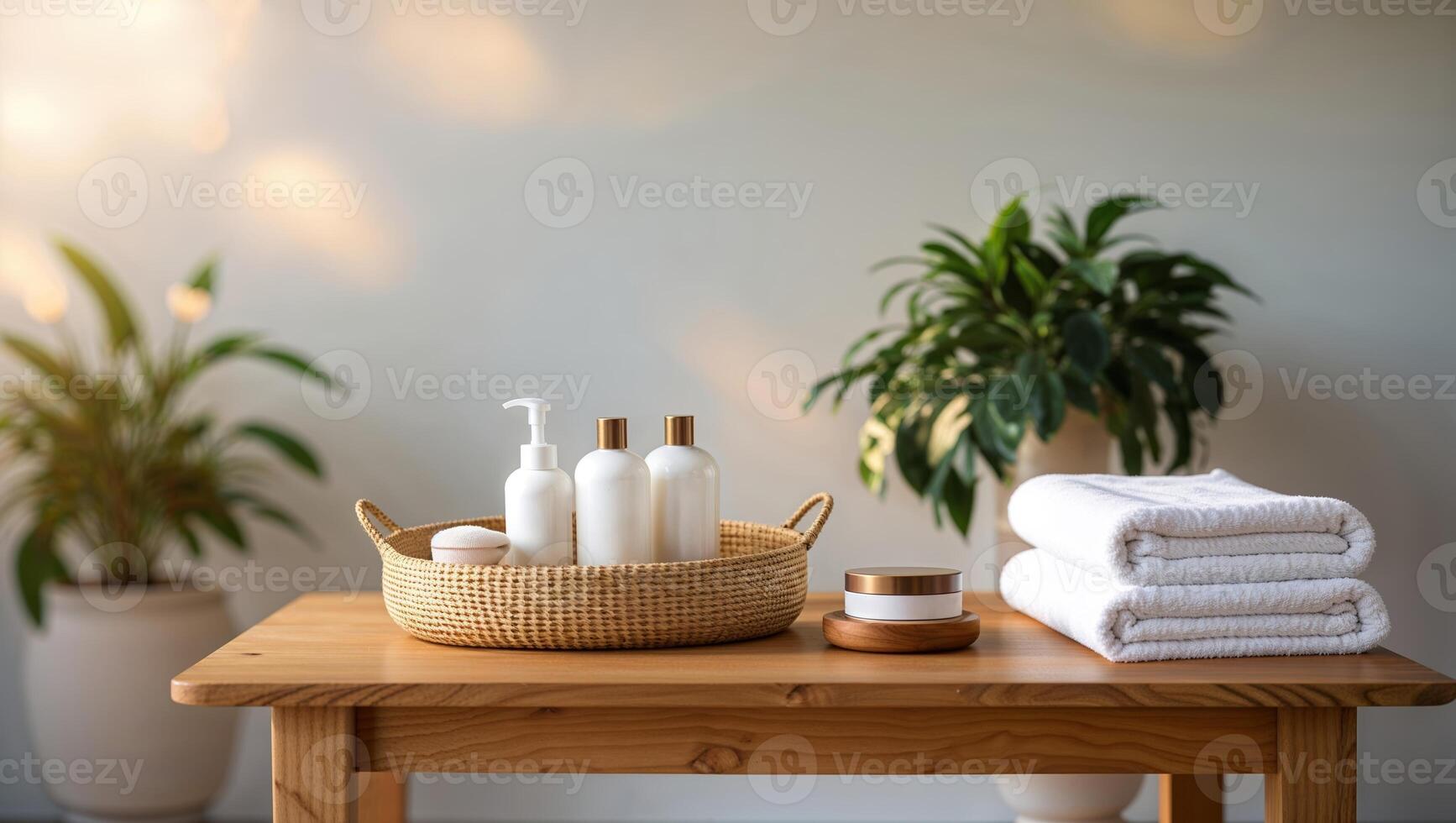 Relaxing spa setup with natural elements, featuring towels and skincare products on a wooden table photo