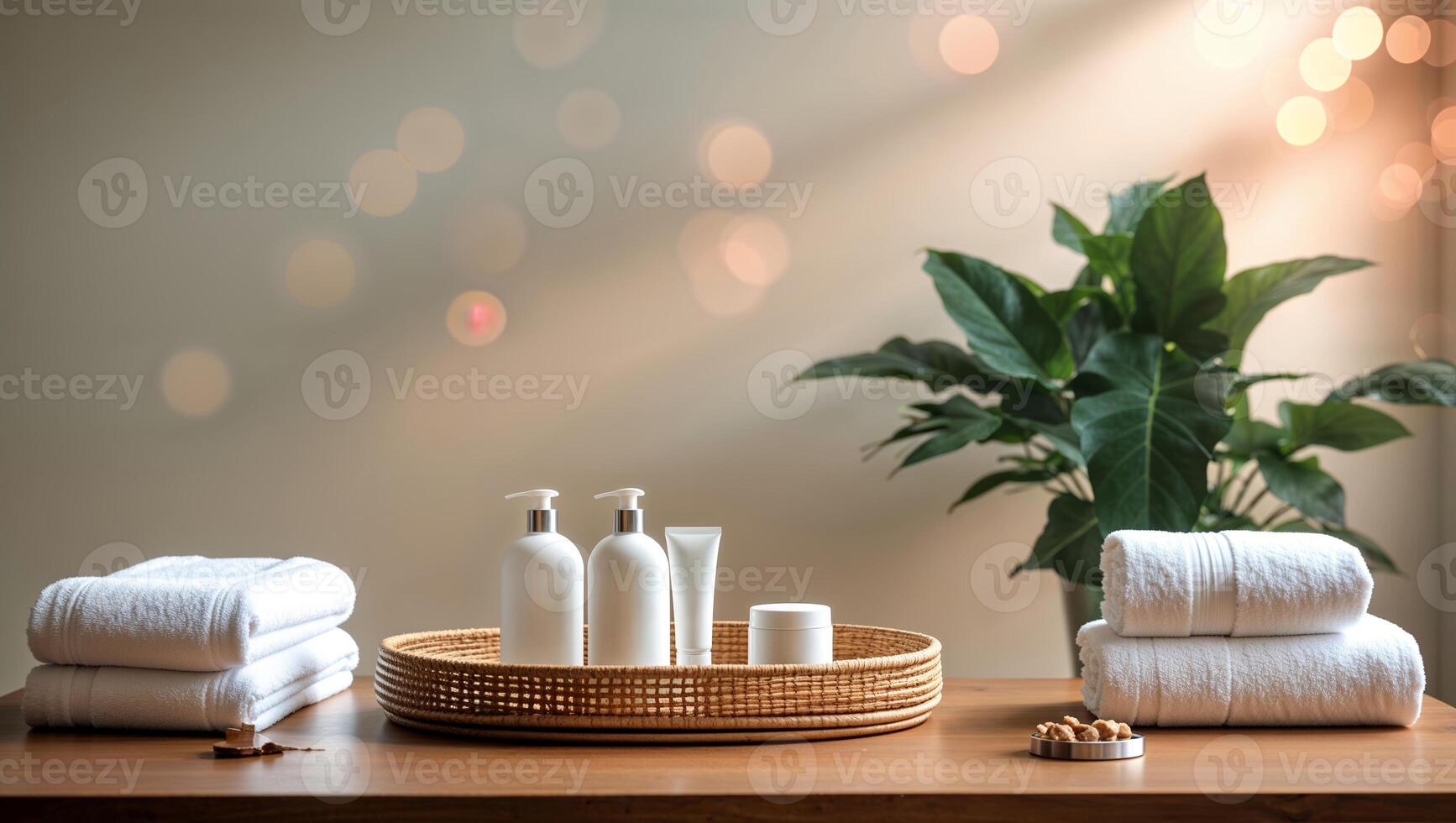 Relaxing spa setup with towels, skincare products, and a plant in a calming atmosphere photo