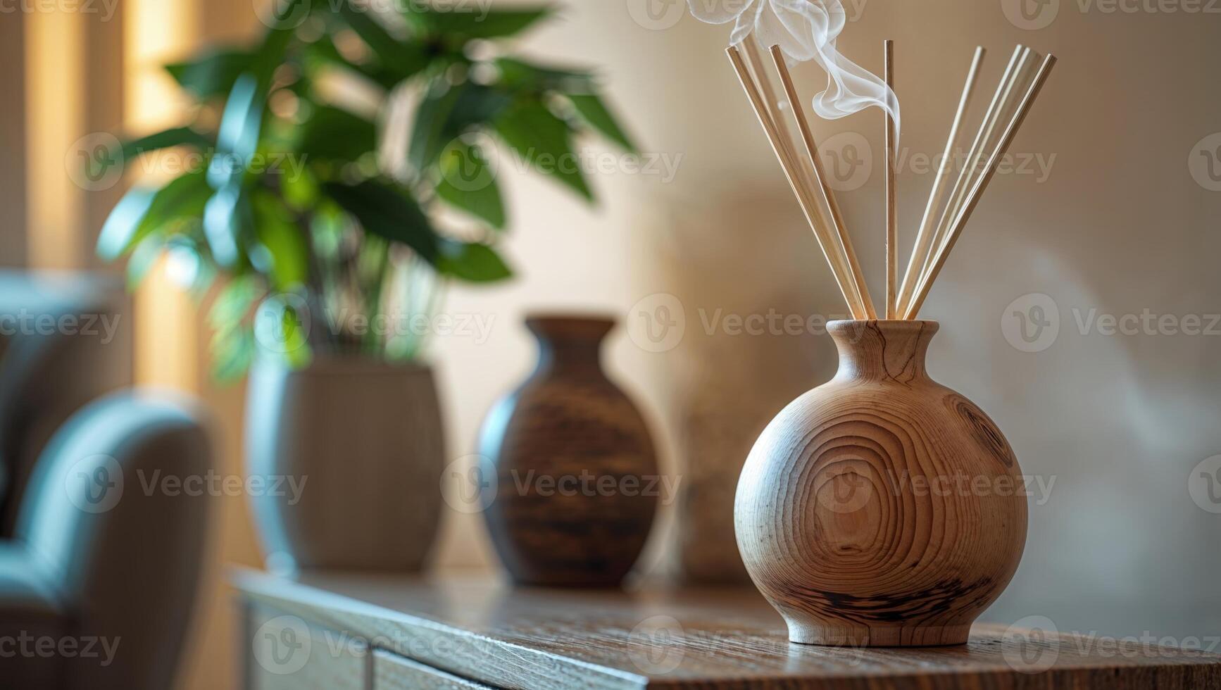 Elegant wooden diffuser with aromatic sticks and indoor plants in a cozy living space photo