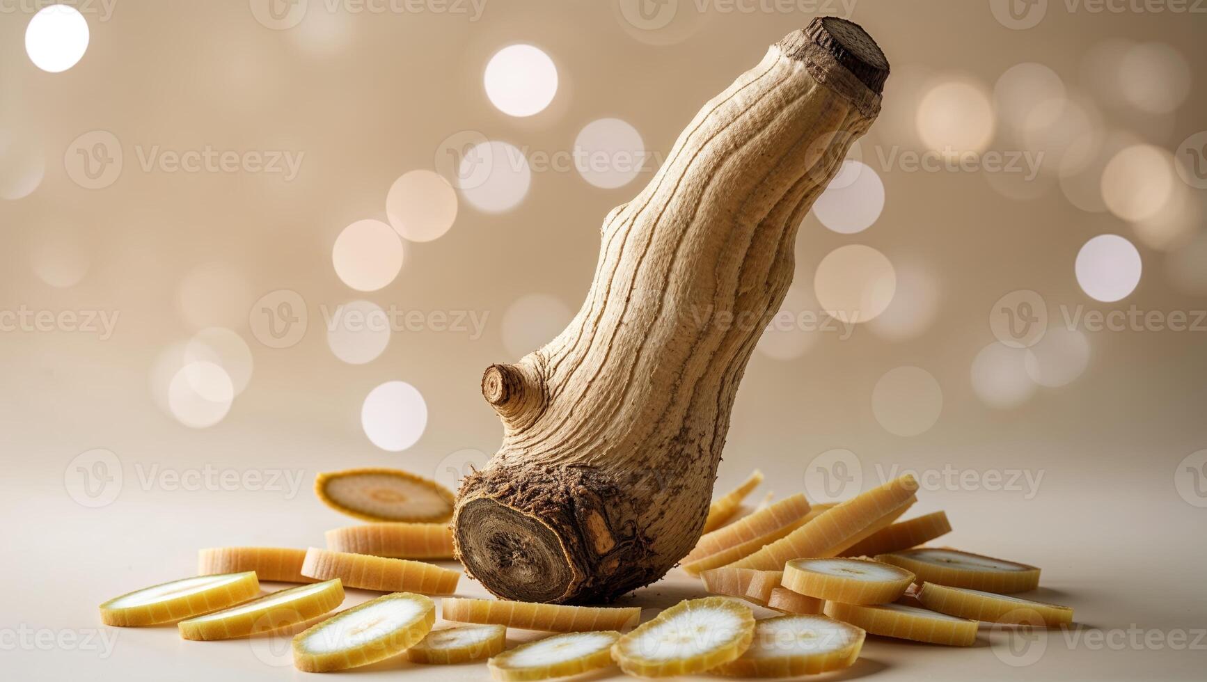 Fresh horseradish root surrounded by sliced pieces on a blurred golden background photo