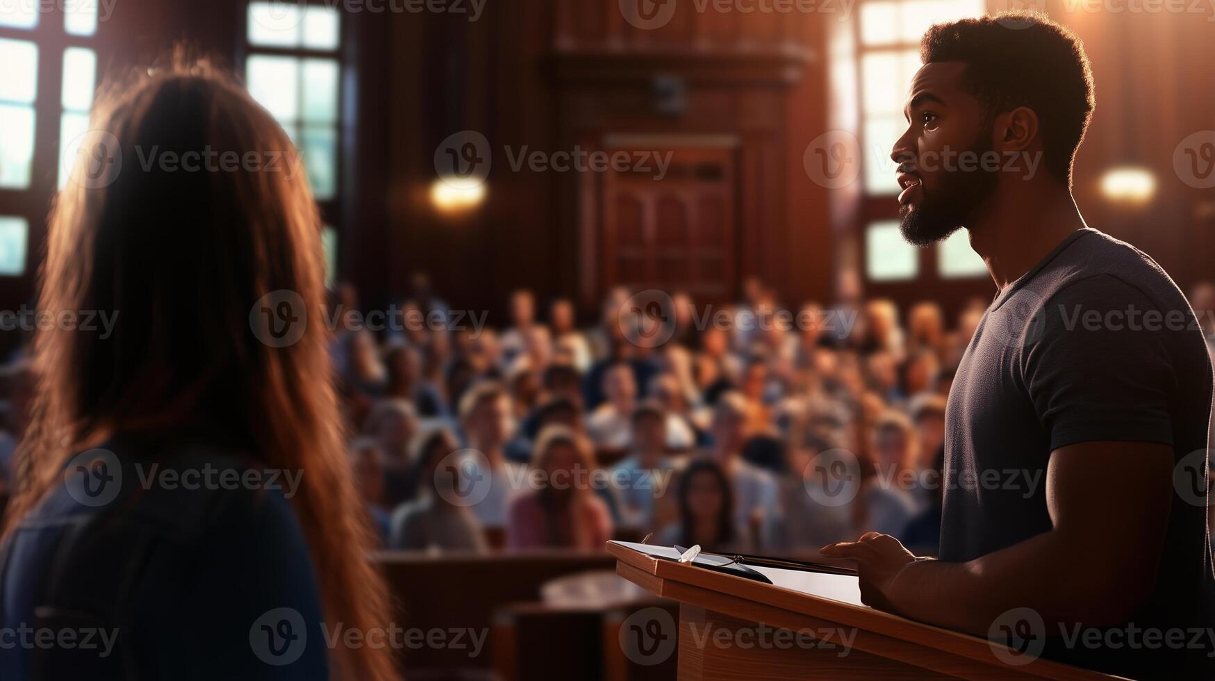 Individuals engage in a public speaking event in a large auditorium during a well-attended assembly photo