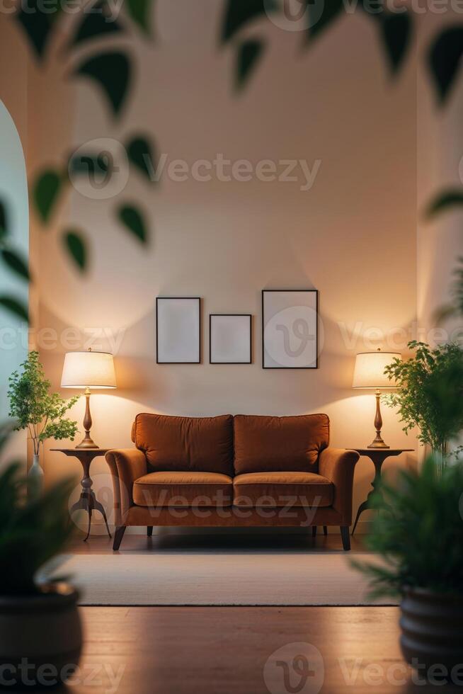 Cozy living room with warm lighting, plants, and empty frames on the wall inviting creativity in interior design photo