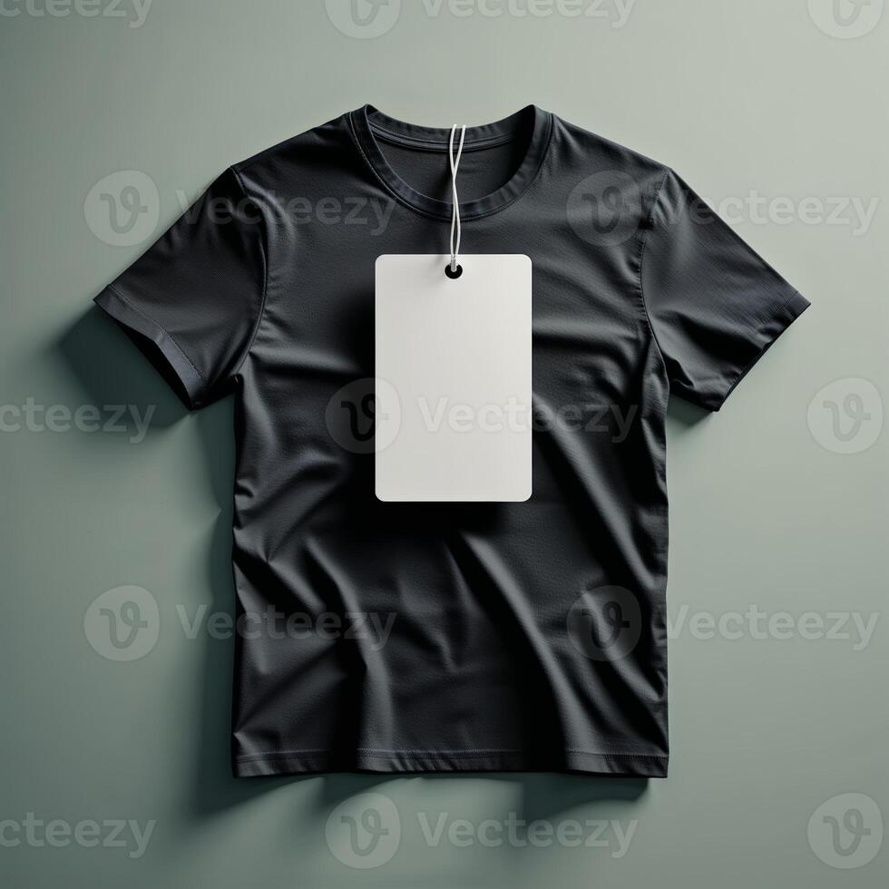 Stylish black t-shirt displayed on a neutral background with a blank tag attached for personalized branding opportunities photo