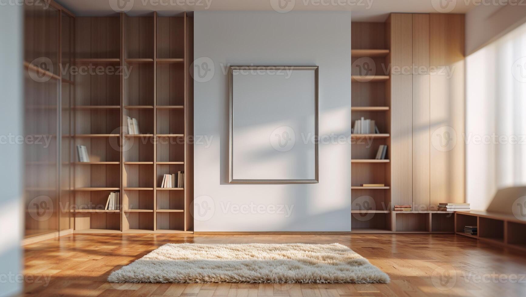 Modern living room with wooden shelves and a blank frame in a sunny atmosphere in the afternoon photo