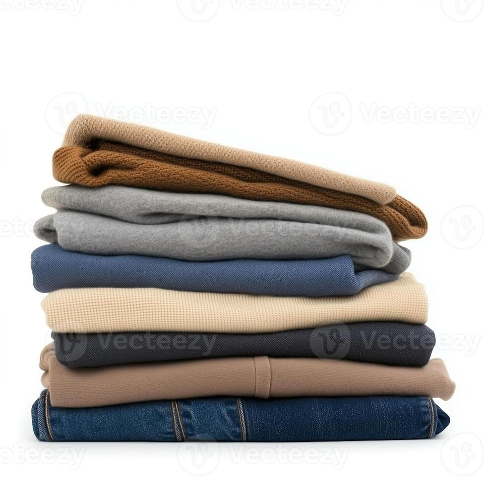 Stack of neatly folded sweaters and jeans in neutral and muted colors organized in a tidy manner photo