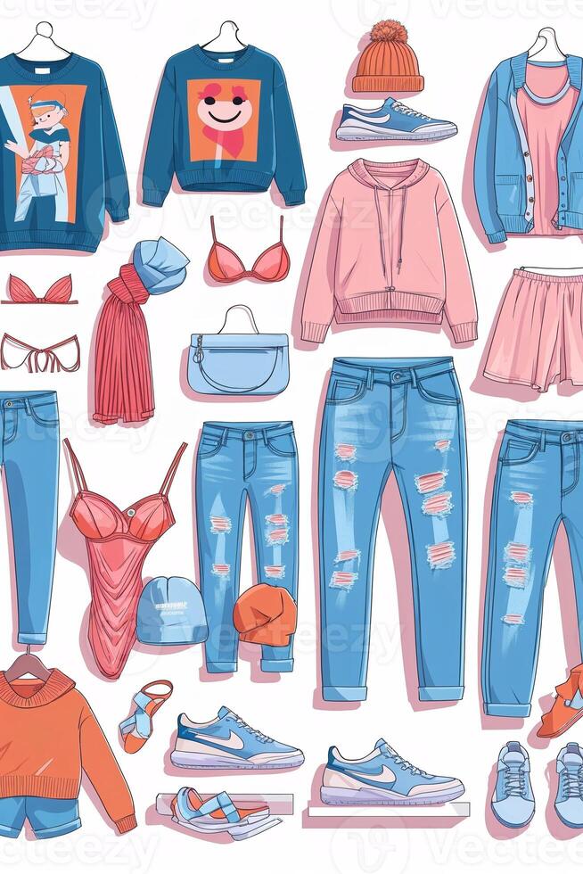 Stylish clothing layout featuring sweaters, jeans, and accessories in a bright and trendy design for casual wear photo