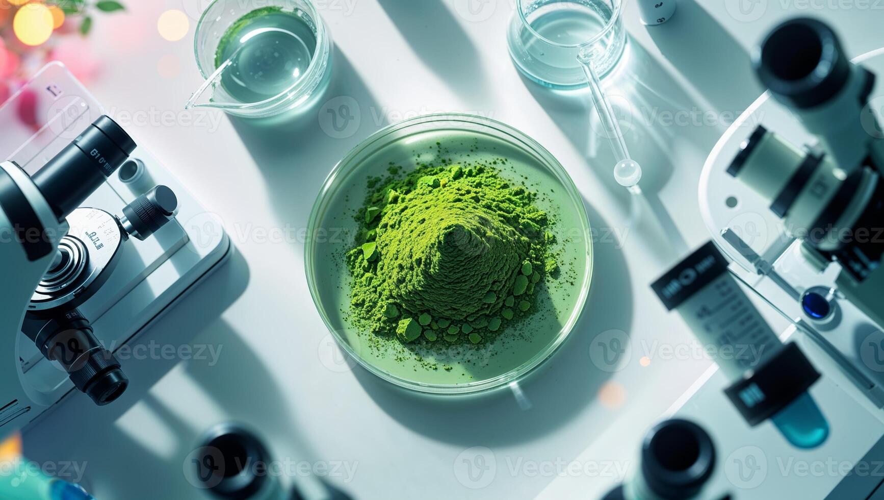 Green powder in a lab setting surrounded by microscopes and glassware during a research experiment on natural substances photo