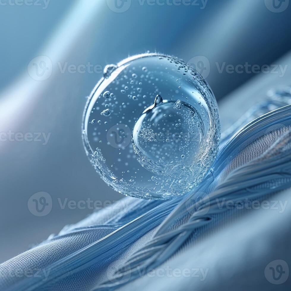Bubbles in a crystal sphere float on a soft blue fabric in a tranquil setting photo