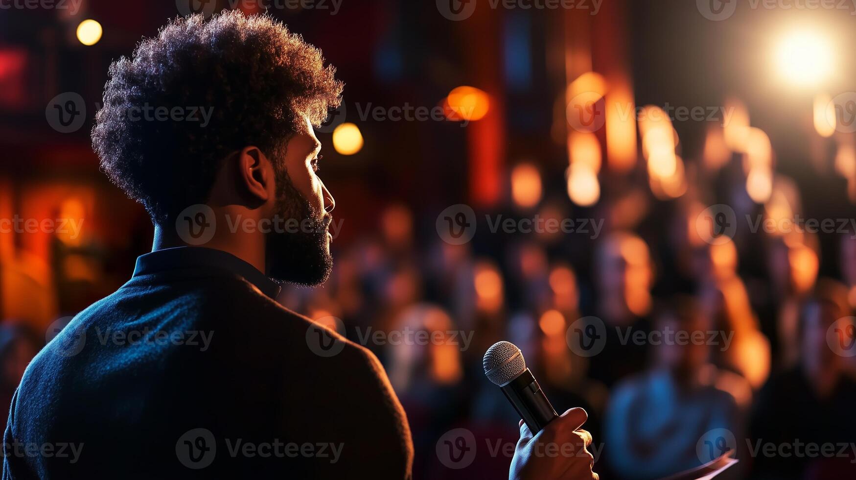 Speaker engages audience at night event in a well-lit venue photo