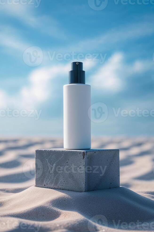Sunscreen bottle on a sandy beach under a bright blue sky with soft clouds photo